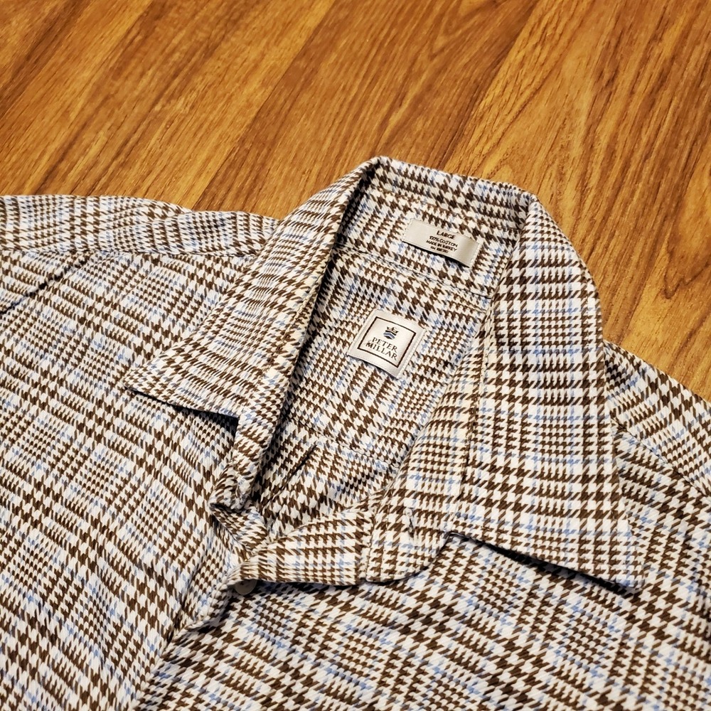Peter Millar Shirt Men Large Blue Brown Houndstooth‎ Plaid Button Down